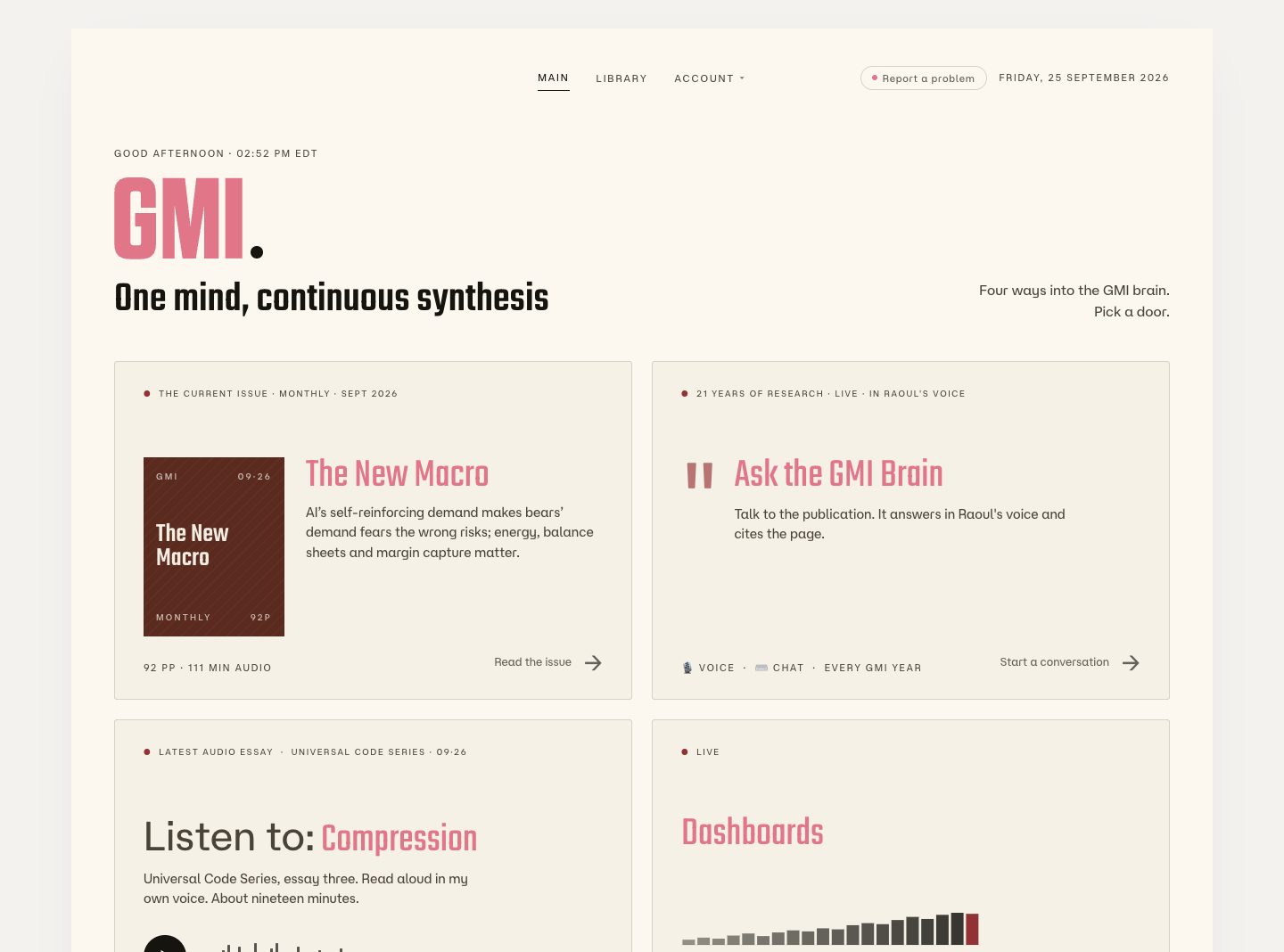 The GMI member platform — the landing page with the four doors